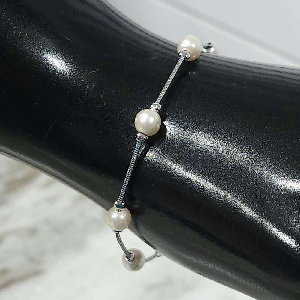 Genuine White Pearl Bracelet  Sterling Silver Plated Snake Chain 7.5-inch